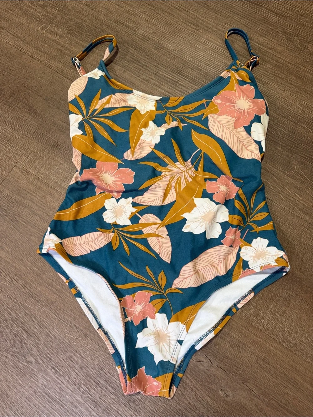 Kona Sol Botanical Floral Criss Cross One Piece Swimsuit Teal Pink Medium